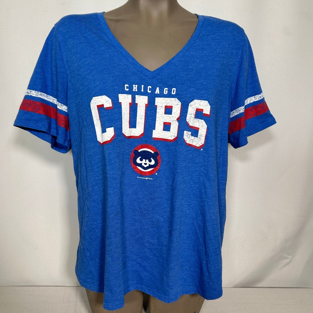 Chicago Cubs MLB Baseball 5th & Ocean Blue Sleeve Stripes T-Shirt Women's XL